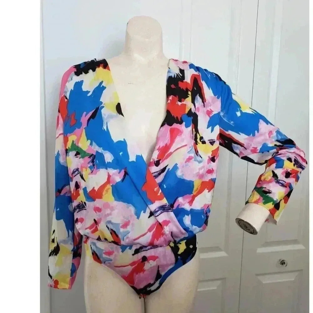 Abstract Floral design Body suit long sleeve Open drape front